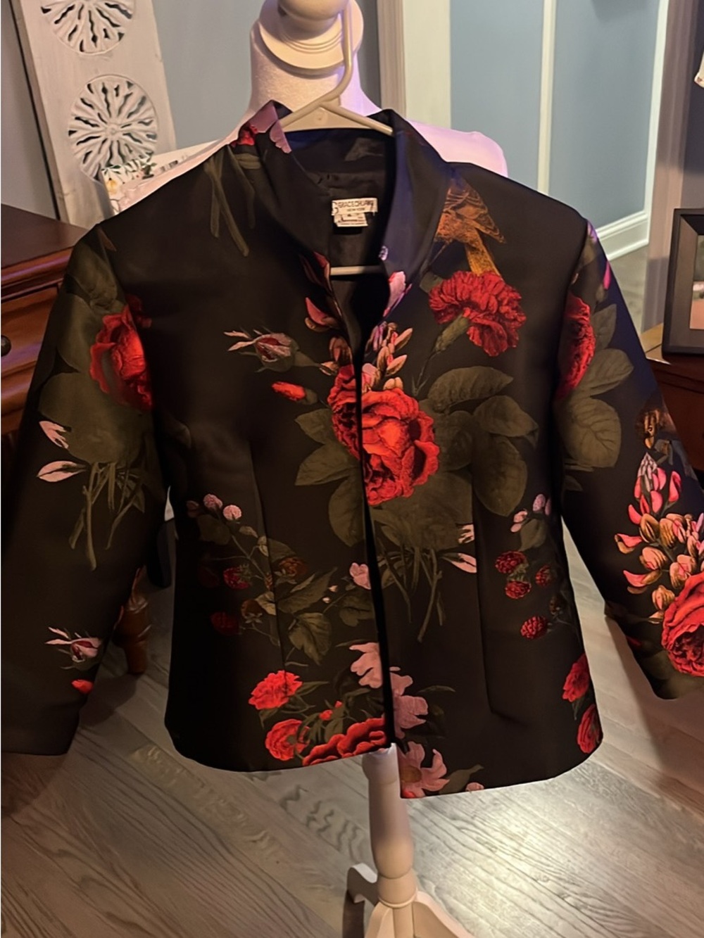Black Floral Satin Blazer with Red Rose Print by Natori